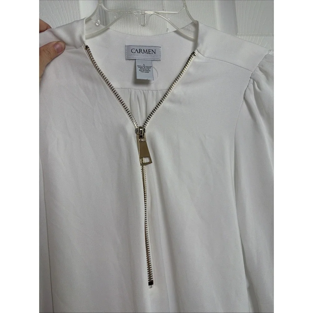 Carmen Marc Valvo Half Zip Blouse Womens Size L White Gold Zipper Top Office - Picture 4 of 5